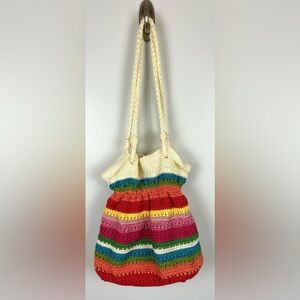 Lina Crochet Knit Bucket Bag Purse 90s Rainbow‎ Striped Vintage Boho Colorful